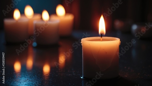 Burning candles. The candles glow against a dark backdrop, with flames flickering when the wind blows. Suitable background for advertising and design projects.