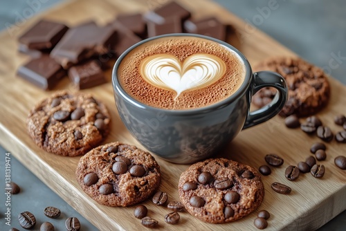 Warm Cup of Coffee With Cookies on Wooden Board in Cozy Setting