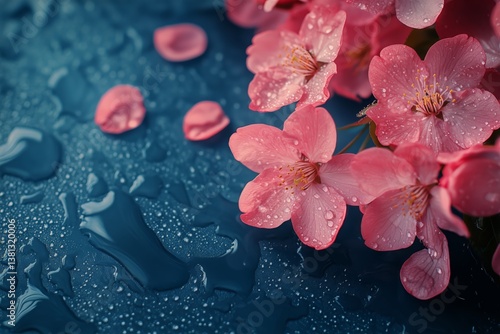 Blooming Cherry Blossoms Adorned With Raindrops in a Serene Backdrop