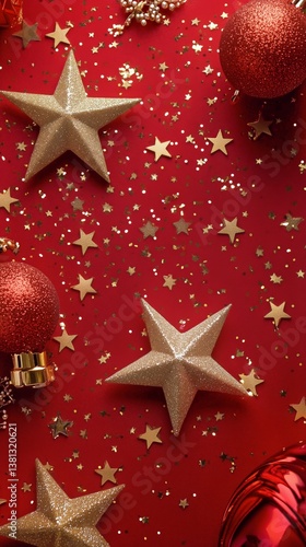 Festive Red Background With Shiny Ornaments and Stars for Holiday Celebration