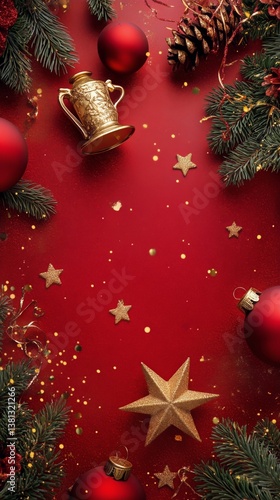 Festive Red Background With Shiny Ornaments and Stars for Holiday Celebration