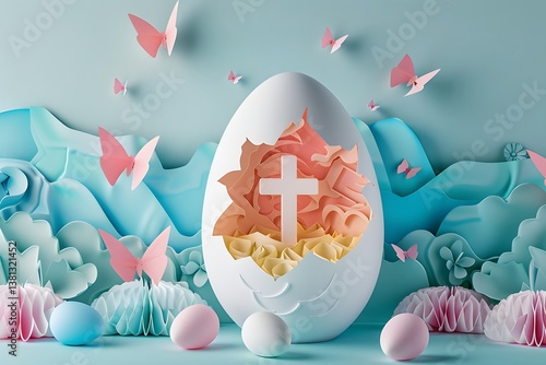 Origami Easter egg with a hidden cross, symbolizing faith and hope, illuminated by golden light in a religious wallpaper.