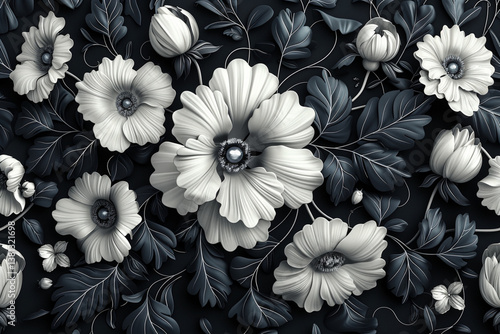 white flowers on black background