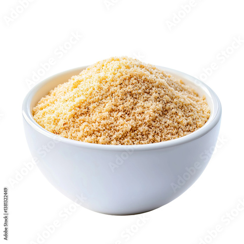 a white bowl filled with breadcrumbs, viewed from the side

