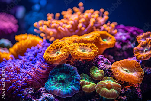 Fototapeta Naklejka Na Ścianę i Meble -  Generative AI closeup of vivid coral reef formation featuring colorful soft coral growth in a tropical underwater marine ecosystem