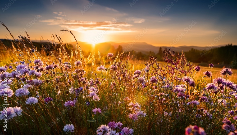 Obraz premium wildflowers bloom in meadow blurred golden sunset behind ideal springtime image symbolizing growth