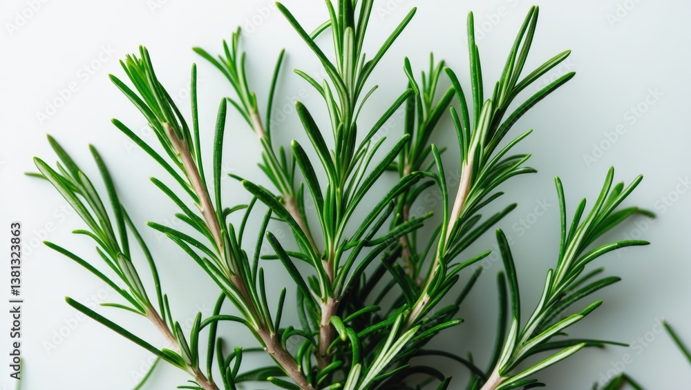 Rosemary displayed in isolation. Rosemary against a white background. Aerial view. Rosemary displayed in isolation. Rosemary against a white background. Aerial view.