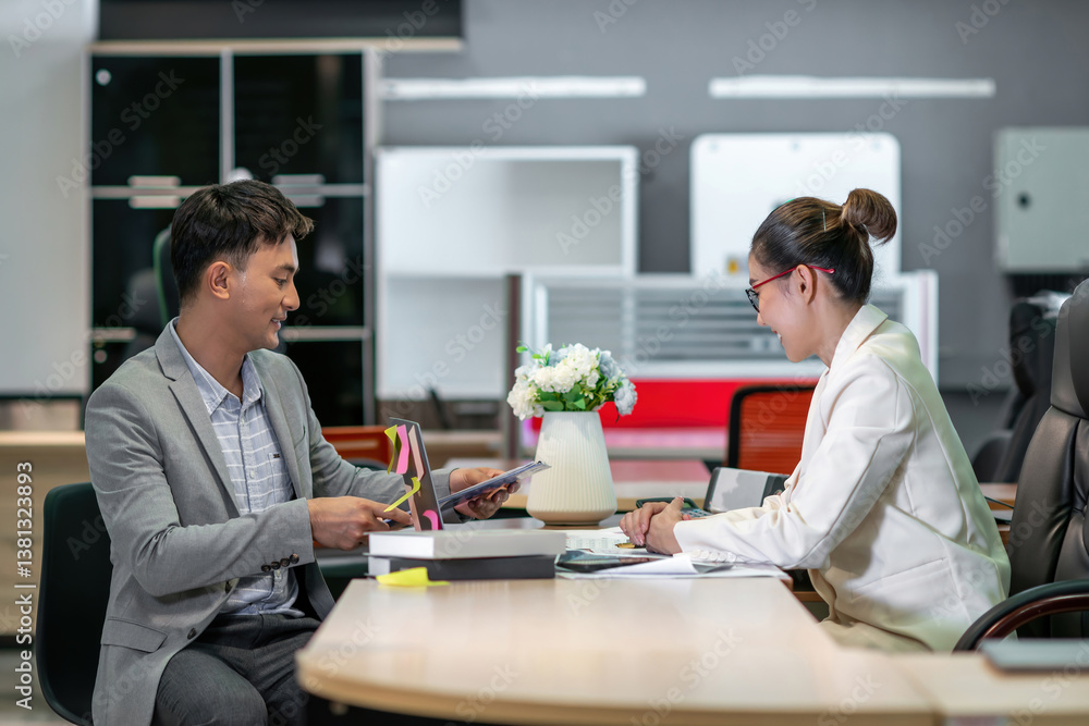 business woman and man having company interview or deal. office need more employee so human resource hiring new professional people. successful customer offer industry contract for trust female boss business woman and man having company interview or deal. office need more employee so human resource hiring new professional people. successful customer offer industry contract for trust female boss