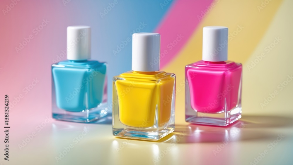 Bright nail polishes in containers on colorful backdrop, flat lay. Bright nail polishes in containers on colorful backdrop, flat lay.