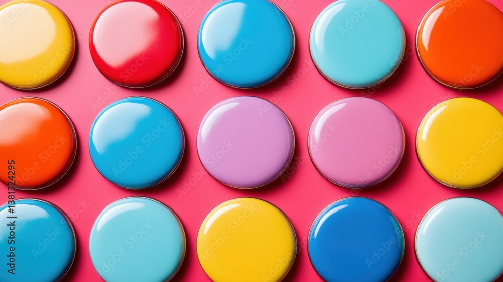A vibrant set of circular fridge magnets arranged in a neat grid, showcasing a variety of colors against a bright pink background A vibrant set of circular fridge magnets arranged in a neat grid, showcasing a variety of colors against a bright pink background