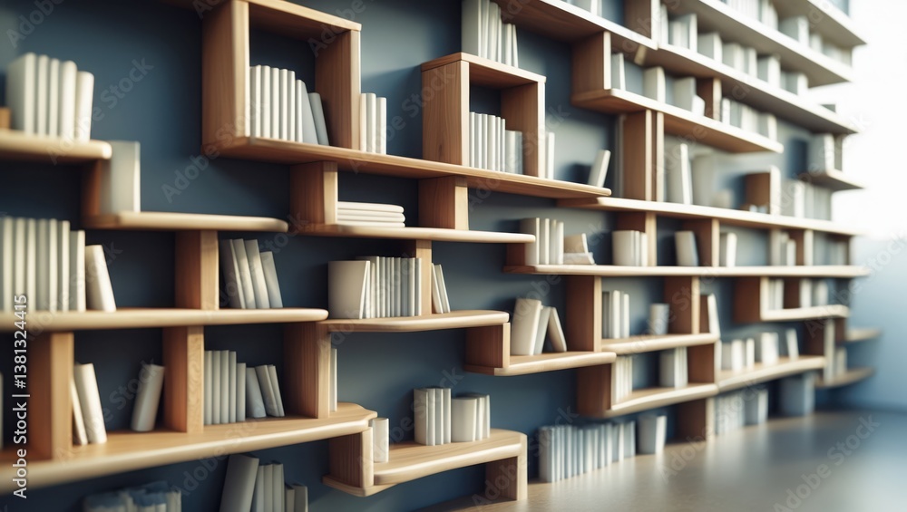 Wooden bookshelf on gray wall. Books sit on many levels. Shelf design is asymmetrical with white books. Wooden bookshelf on gray wall. Books sit on many levels. Shelf design is asymmetrical with white books.