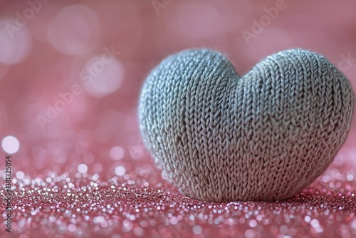 Soft Knitted Heart on a Sparkling Pink Surface With Blurred Lights Reflecting...