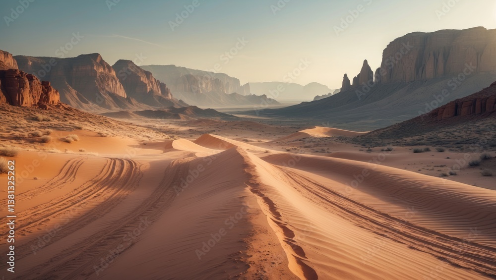 Naklejka premium Safari and travel, extreme adventures or scientific expedition in a rocky desert. At dawn, mountainous scenery with dust on the horizon, hills and marks from the off-road vehicle.