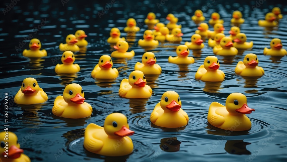 A collection of yellow rubber ducks swim along a river in a fundraising race. Despite the unfavorable weather with rain, the event continues, and the charming bath toys make their way to the finish...