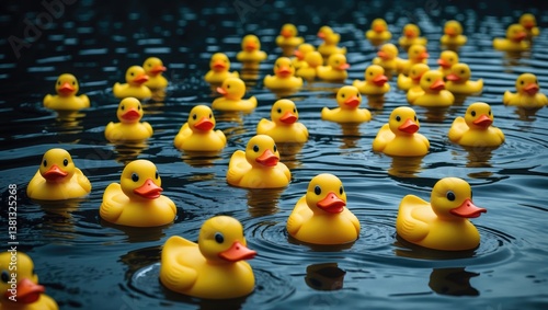 Obraz na płótnie A collection of yellow rubber ducks swim along a river in a fundraising race. Despite the unfavorable weather with rain, the event continues, and the charming bath toys make their way to the finish... w salonie