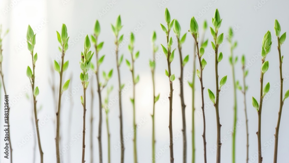 Obraz premium Branches of trees on a white background, featuring young leaves. Isolated green tree branches flowering in early spring against a white backdrop.