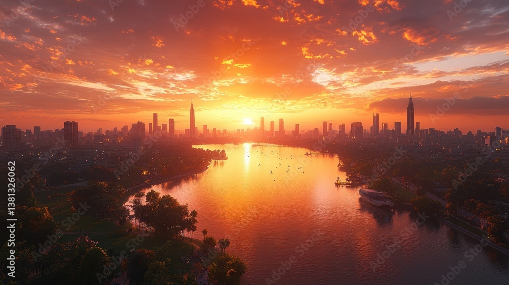 Fototapeta premium Fiery Sunset over Hanoi Skyline