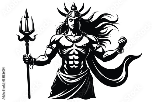 Monochrome God Shiva Holding Trident with Necklace and Long Hair
