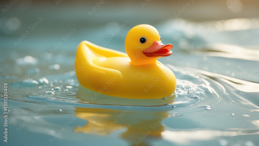 Rubber duck toy drifting on the surface of water, cheerfully bobbing through the waves. Rubber duck toy drifting on the surface of water, cheerfully bobbing through the waves.