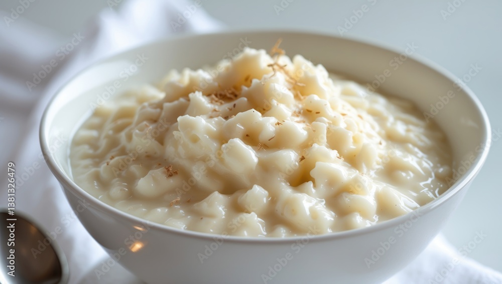bowl of rice and milk pudding presented on a white background bowl of rice and milk pudding presented on a white background
