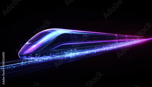 Futuristic high-speed train in motion, blue and purple neon illustration with light trails. Concept of future logistics, modern technology and transportation. 