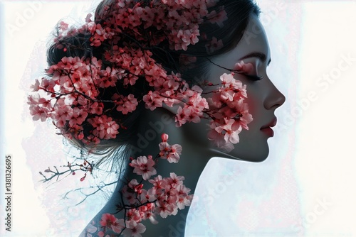 Woman With Cherry Blossoms Illustration Showcasing Beauty and Elegance in Art...
