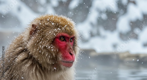 Japanese macaque enjoying a winter bath in snowy landscape  