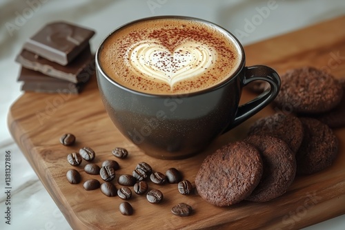 Delicious Coffee With Heart-Shaped Latte Art Served With Chocolate Cookies