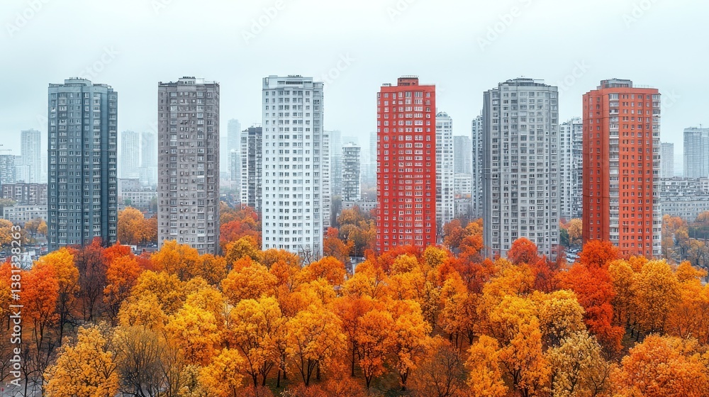 Obraz premium Autumnal Cityscape: Vibrant Fall Foliage Against Modern High-Rise Buildings