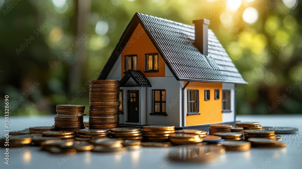 Miniature house atop a stack of coins, representing home buying and investment Miniature house atop a stack of coins, representing home buying and investment