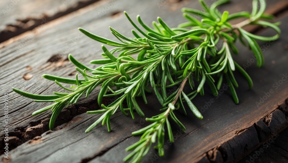 Obraz premium Fresh rosemary on a wooden surface. A cluster of fragrant green rosemary. Herbs and spices, an ingredient for fish and meat. Culinary idea.