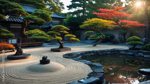 Wallpaper Mural Japanese garden with sand patterns, bonsai trees, pond and colorful leaves. Sunlight shines over calm outdoor place with trees and decorative plants near building. Torontodigital.ca