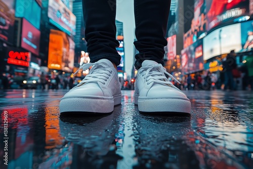 White Sneakers on a Rainy Day in Times Square With Colorful Reflections