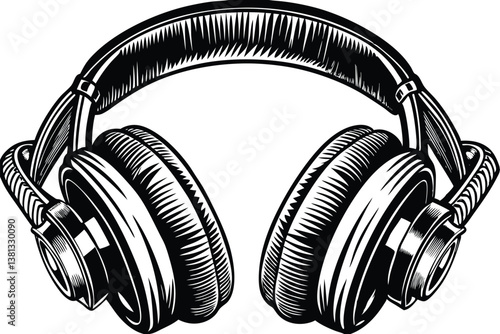 Isolated Detailed Headphones Stereo Sound Black and White 
