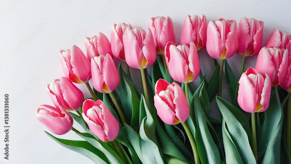 Row of pink tulips arranged on a white background. Row of pink tulips arranged on a white background.