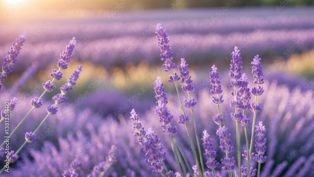 Obraz premium Lavender field. Fragrant violet lavender flowers in bloom. Lavender swaying in the wind against a sunset sky, ready for harvest.
