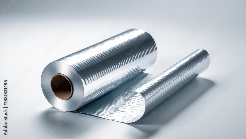 Roll of aluminum foil resting on a white backdrop Roll of aluminum foil resting on a white backdrop