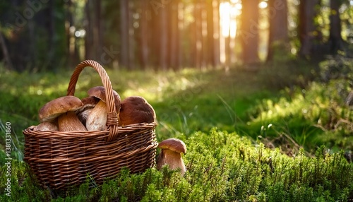 rustic basket of boletus mushrooms on a forest meadow covered in green lush grass wild mushroom hunting in summer