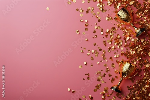 Celebration With Golden Trophies and Confetti on a Pink Background for Awards...