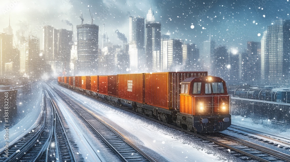 Fototapeta premium Freight Train on Snowy Tracks - Winter Transportation and Logistics, Industrial Railway, Commerce and Delivery in Cold Weather.