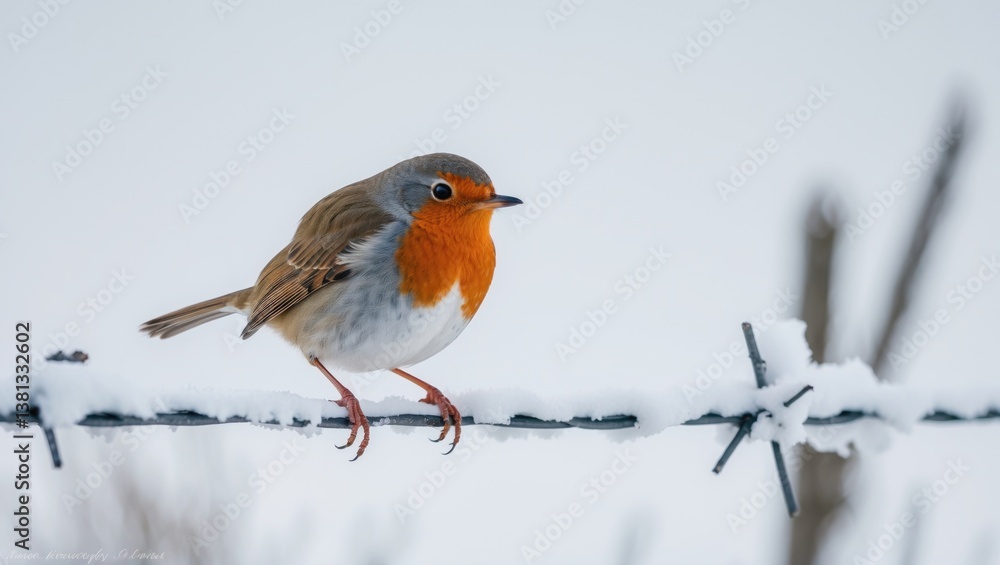 Robin perched on frozen barbed wire, isolated against the background. Robin perched on frozen barbed wire, isolated against the background.