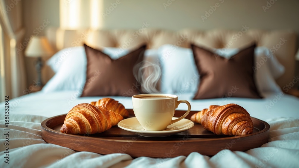 Mug with steaming black coffee and fresh croissants for breakfast in bed. Herbal tea placed on bedding linen with a light interior. Meal served in the room. Morning themes. Mug with steaming black coffee and fresh croissants for breakfast in bed. Herbal tea placed on bedding linen with a light interior. Meal served in the room. Morning themes.