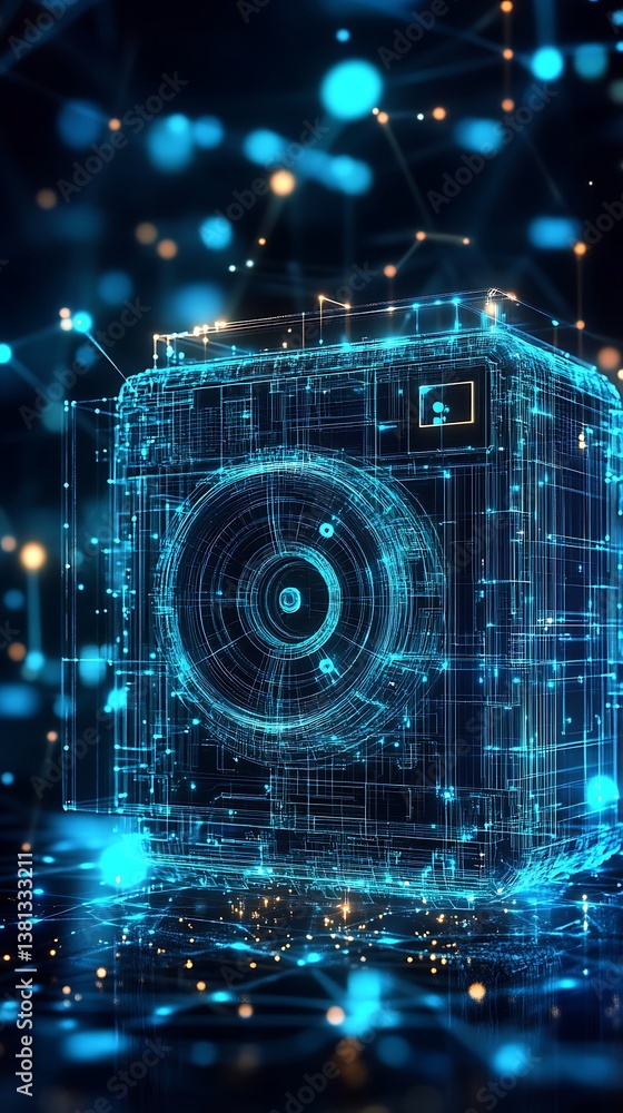 Fototapeta premium A futuristic blue hologram of a camera surrounded by digital elements photos