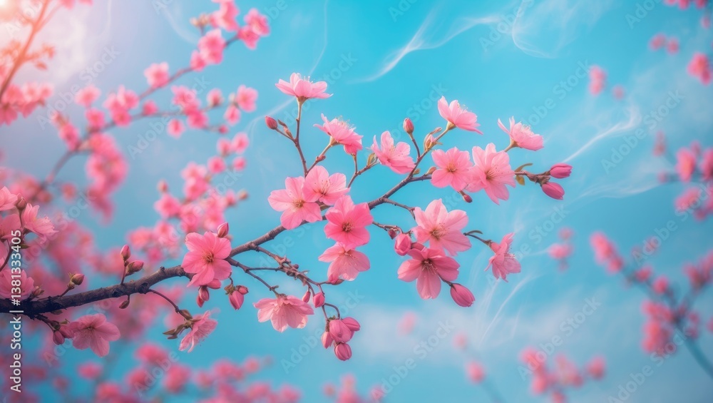 Horizontal banner featuring pink flowers against a sunny blue sky. A beautiful spring nature background with a branch of blooming flowers. Space available for text. Horizontal banner featuring pink flowers against a sunny blue sky. A beautiful spring nature background with a branch of blooming flowers. Space available for text.
