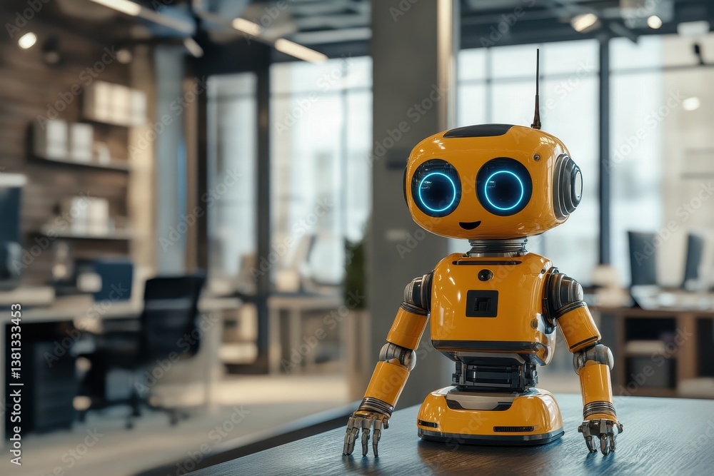 Cute Robot in Modern Office . Cute Robot in Modern Office .