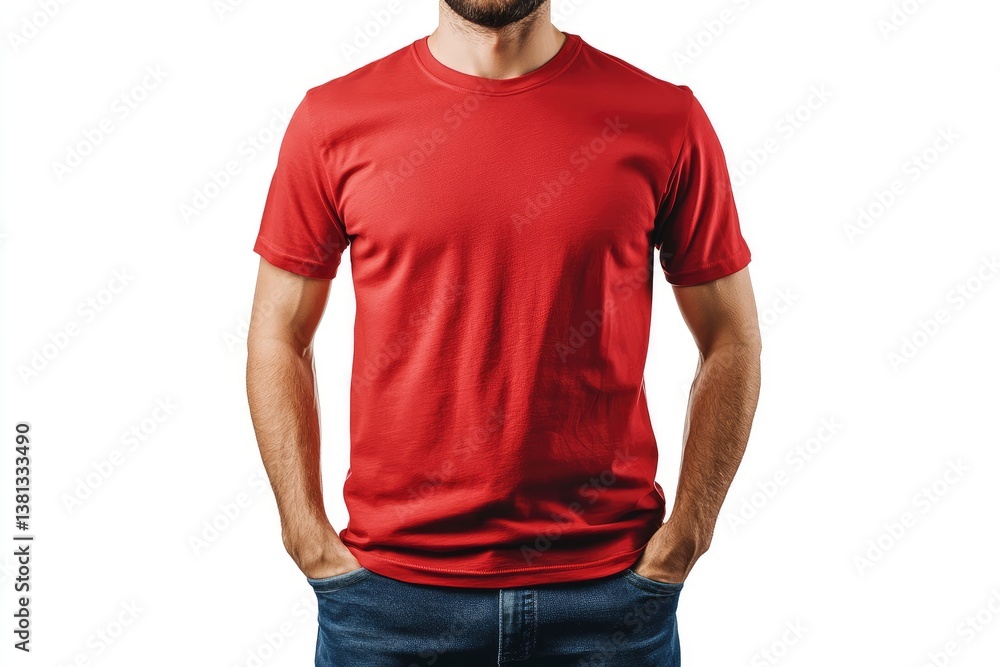 Man Wearing Red T-shirt with Hands in Pockets Isolated on White Man Wearing Red T-shirt with Hands in Pockets Isolated on White