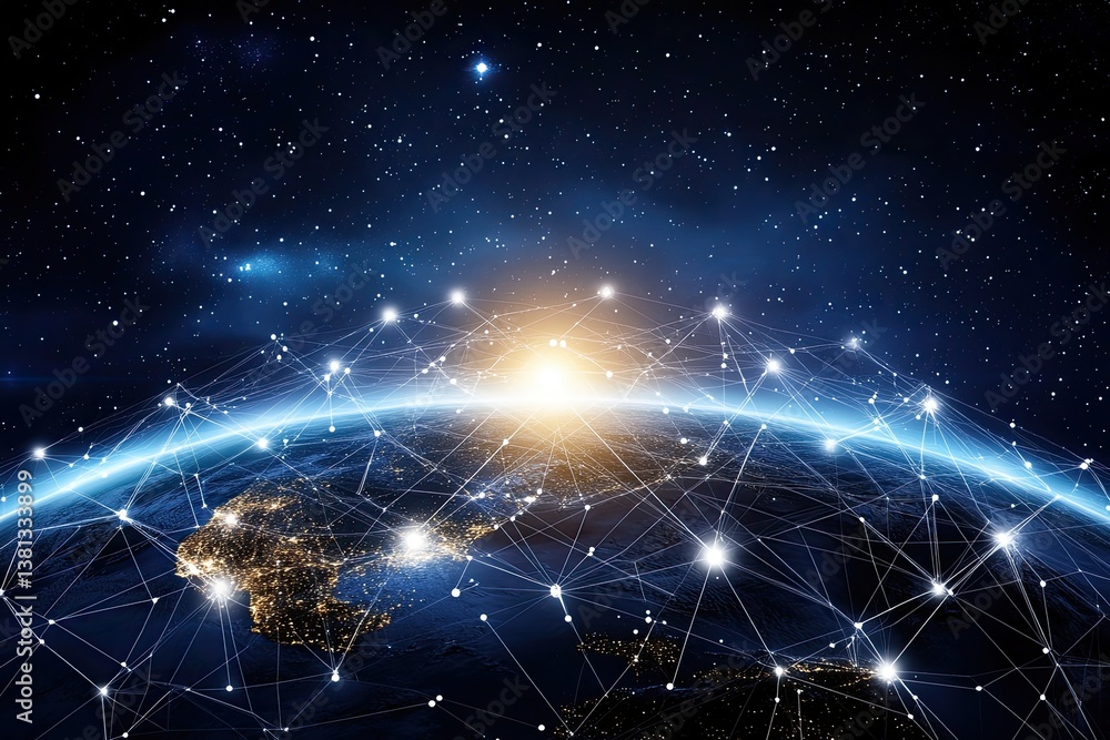 A satellite view of North America and the U.S. reveals a robust telecommunication network supporting 5G LTE, global WiFi, IoT advancements, and blockchain fintech solutions A satellite view of North America and the U.S. reveals a robust telecommunication network supporting 5G LTE, global WiFi, IoT advancements, and blockchain fintech solutions
