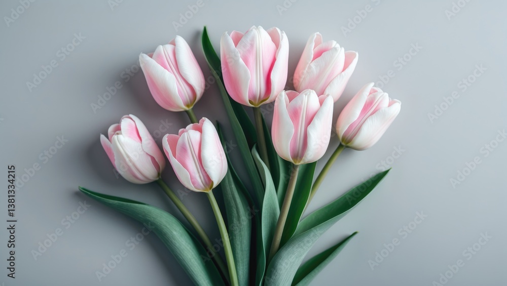 Bouquet of pink tulip flowers on a white background. Flat lay, top view. Bouquet of pink tulip flowers on a white background. Flat lay, top view.