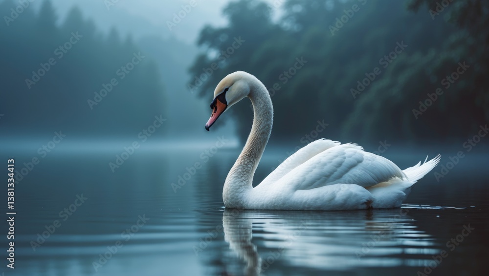 Fototapeta premium Profile of a white swan on a misty blue lake