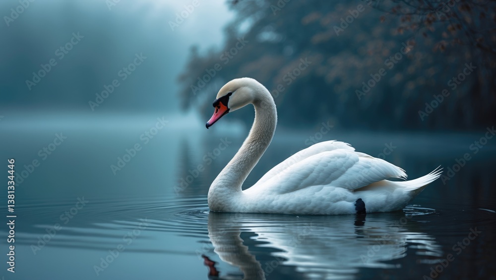 Fototapeta premium Profile of a white swan on a misty blue lake